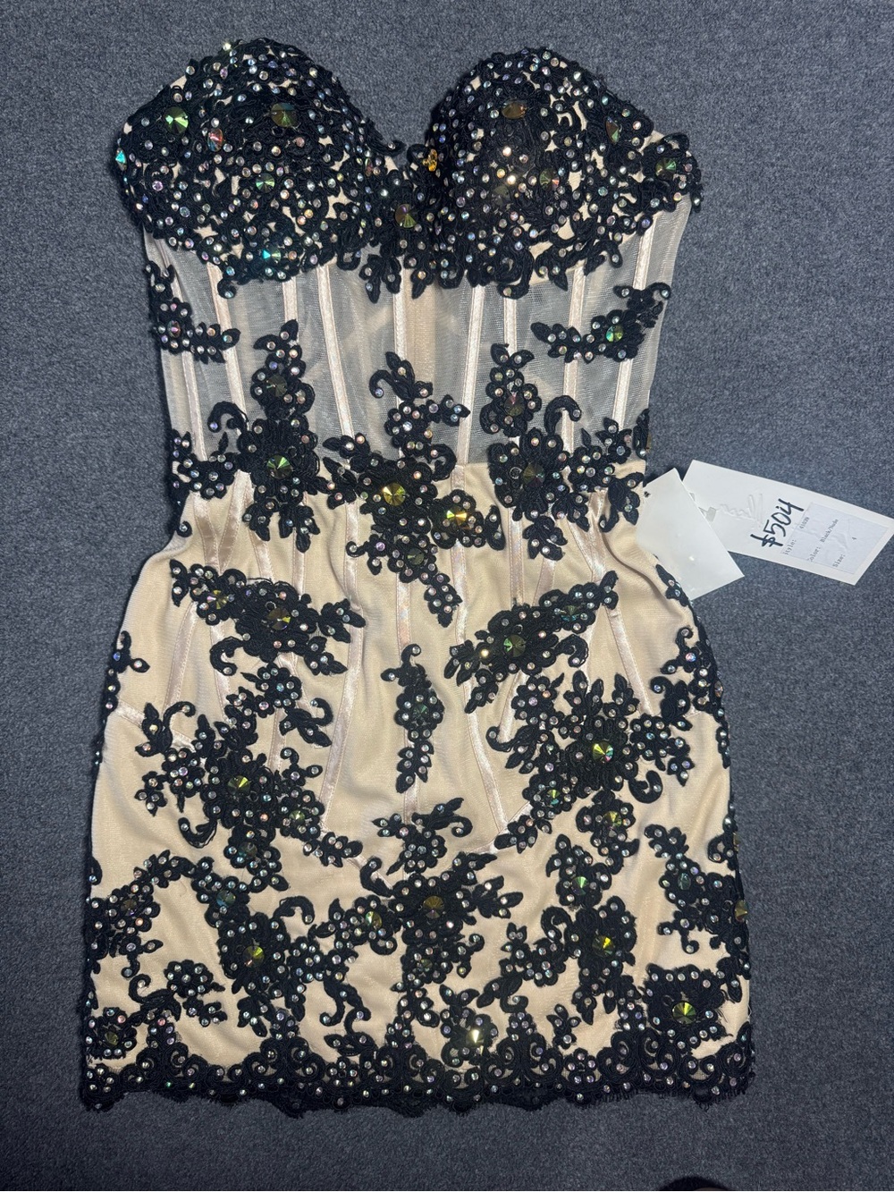 Angela & Alison Black Sequin-Embellished Nude Illusion Mini Dress